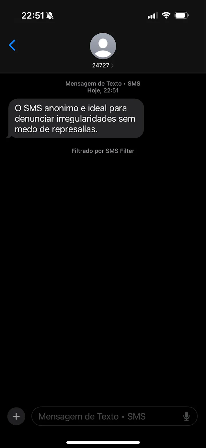 Print de SMS recebido mostrando número anônimo curto 24727